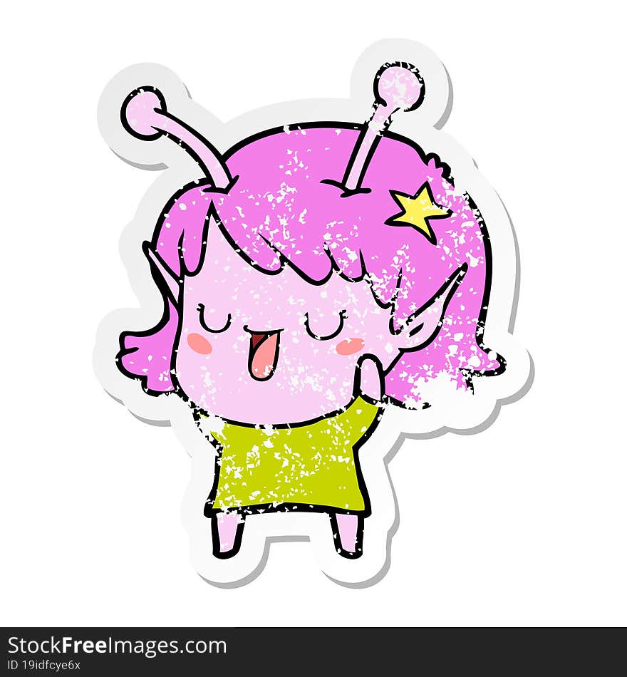 distressed sticker of a happy alien girl cartoon laughing