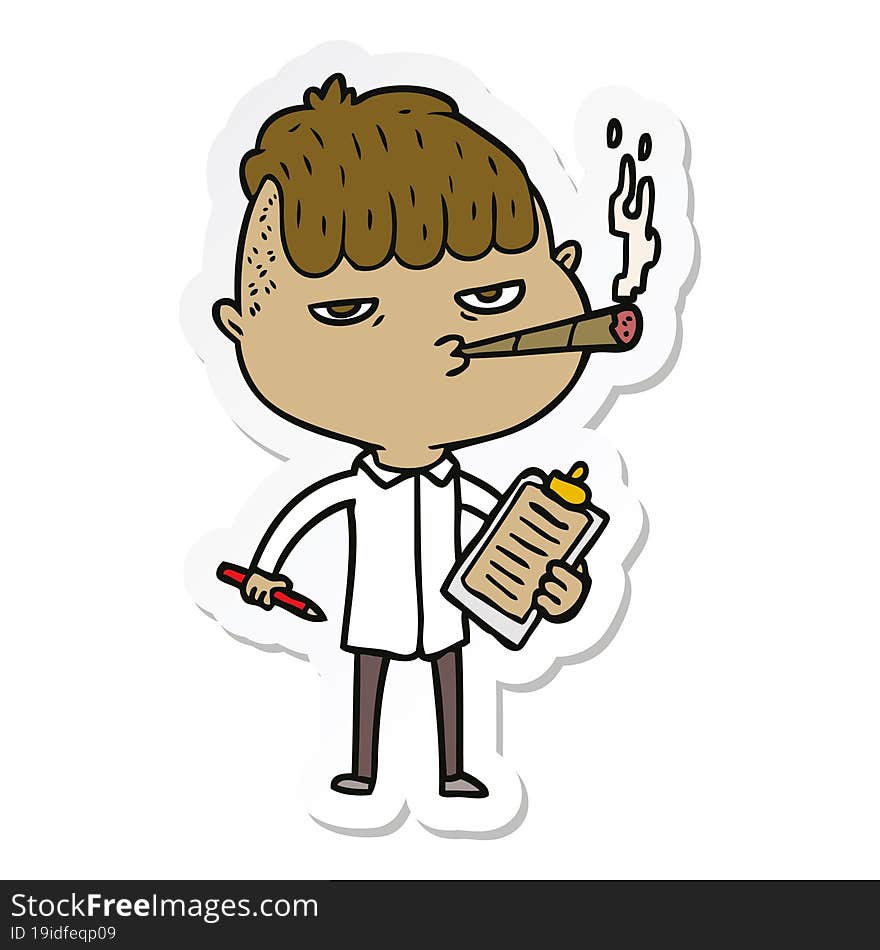 Sticker Of A Cartoon Salesman Smoking