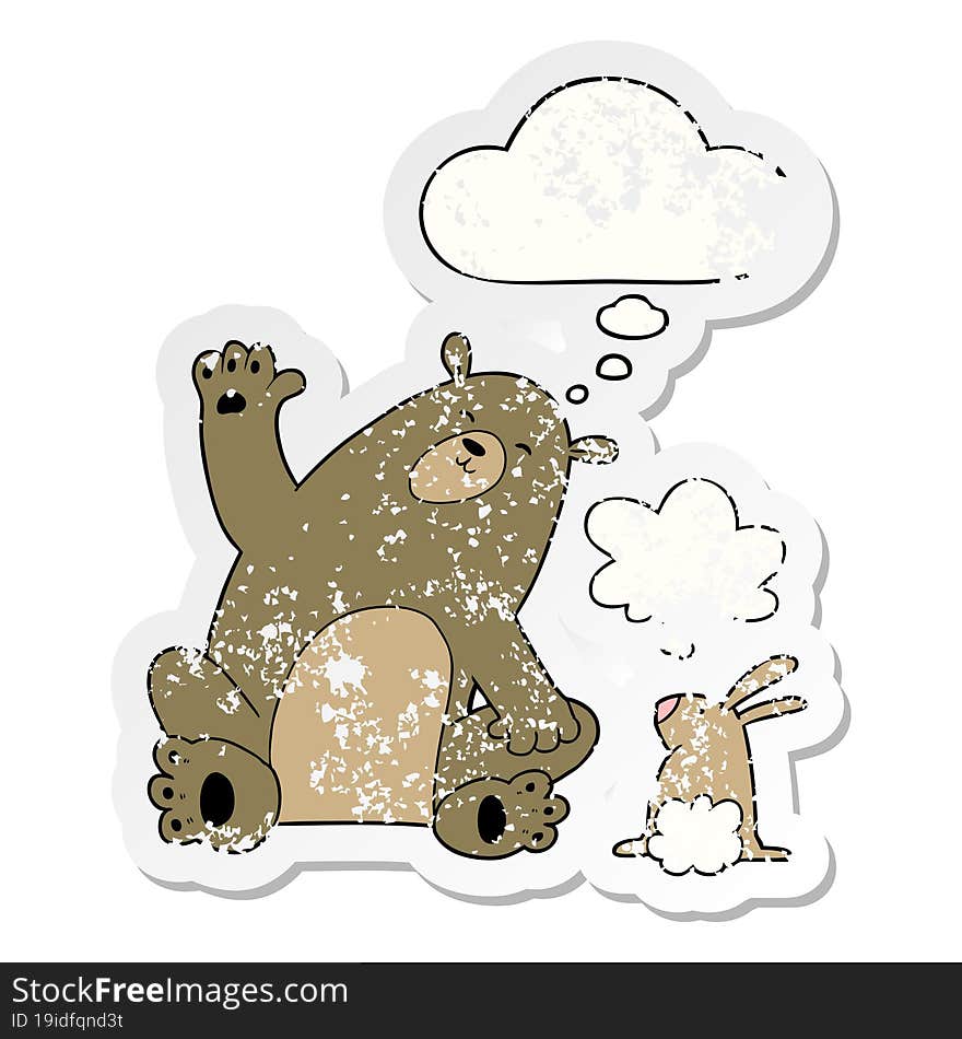 Cartoon Bear And Rabbit Friends And Thought Bubble As A Distressed Worn Sticker