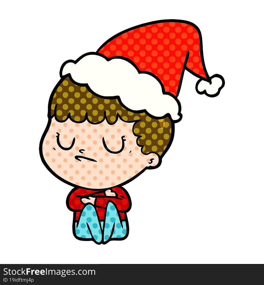 comic book style illustration of a grumpy boy wearing santa hat