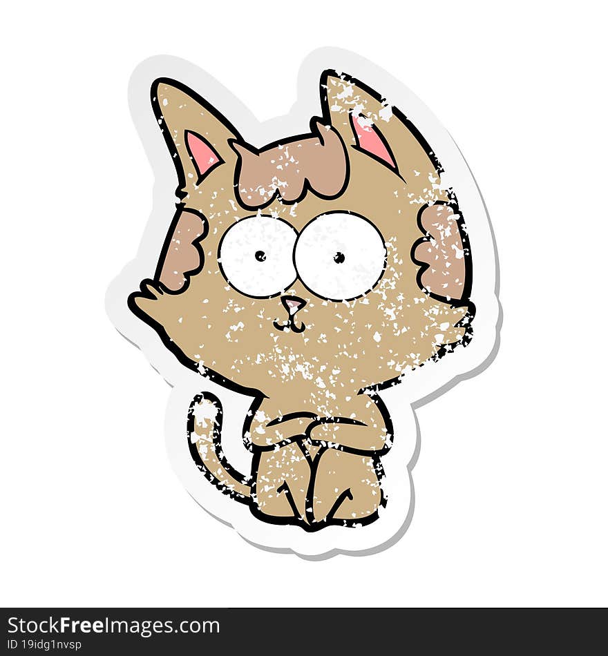 distressed sticker of a happy cartoon cat