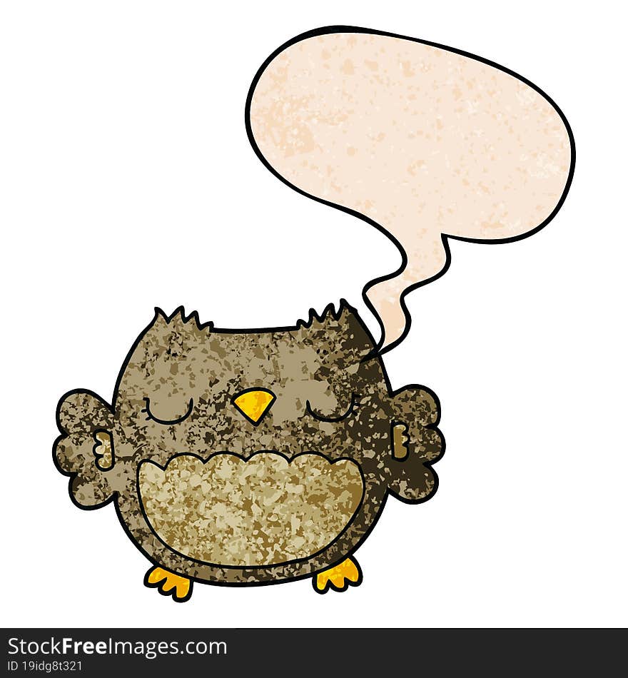 Cute Cartoon Owl And Speech Bubble In Retro Texture Style