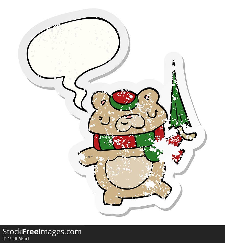 Cartoon Bear And Umbrella And Speech Bubble Distressed Sticker