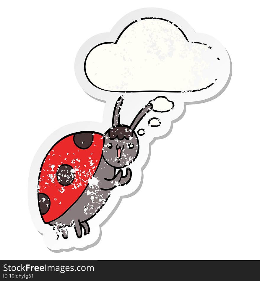 cute cartoon ladybug with thought bubble as a distressed worn sticker