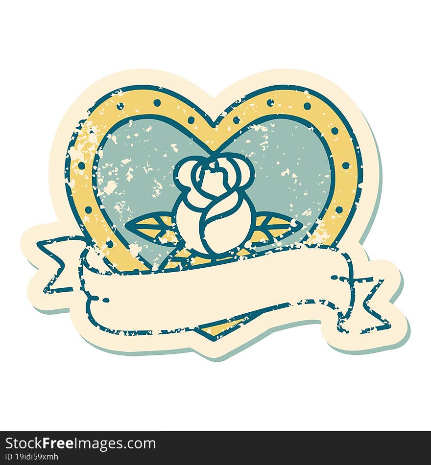 Distressed Sticker Tattoo Style Icon Of A Heart Rose And Banner