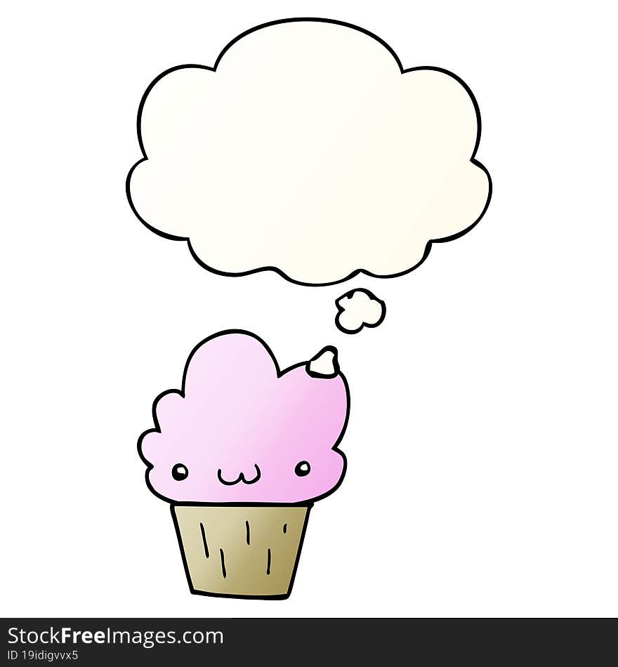 cartoon cupcake with face with thought bubble in smooth gradient style