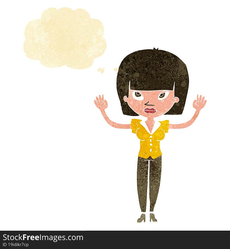 Cartoon Woman With Raised Hands With Thought Bubble