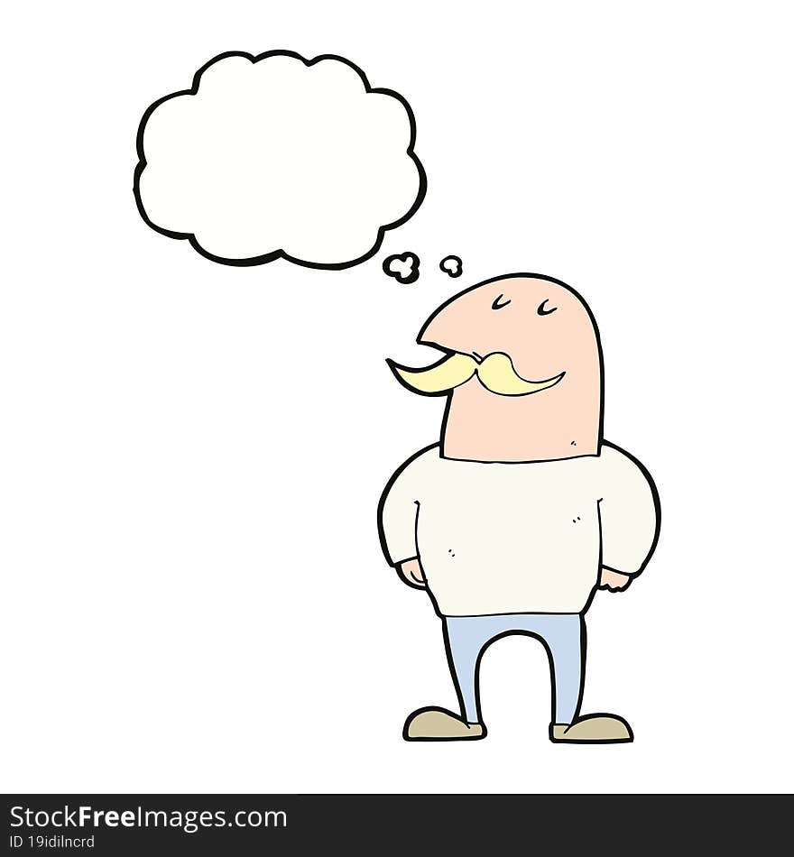 cartoon bald man with mustache with thought bubble