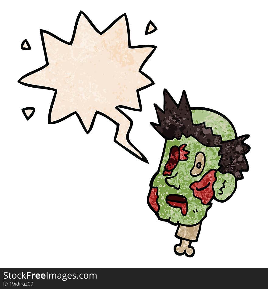 cartoon zombie head and speech bubble in retro texture style