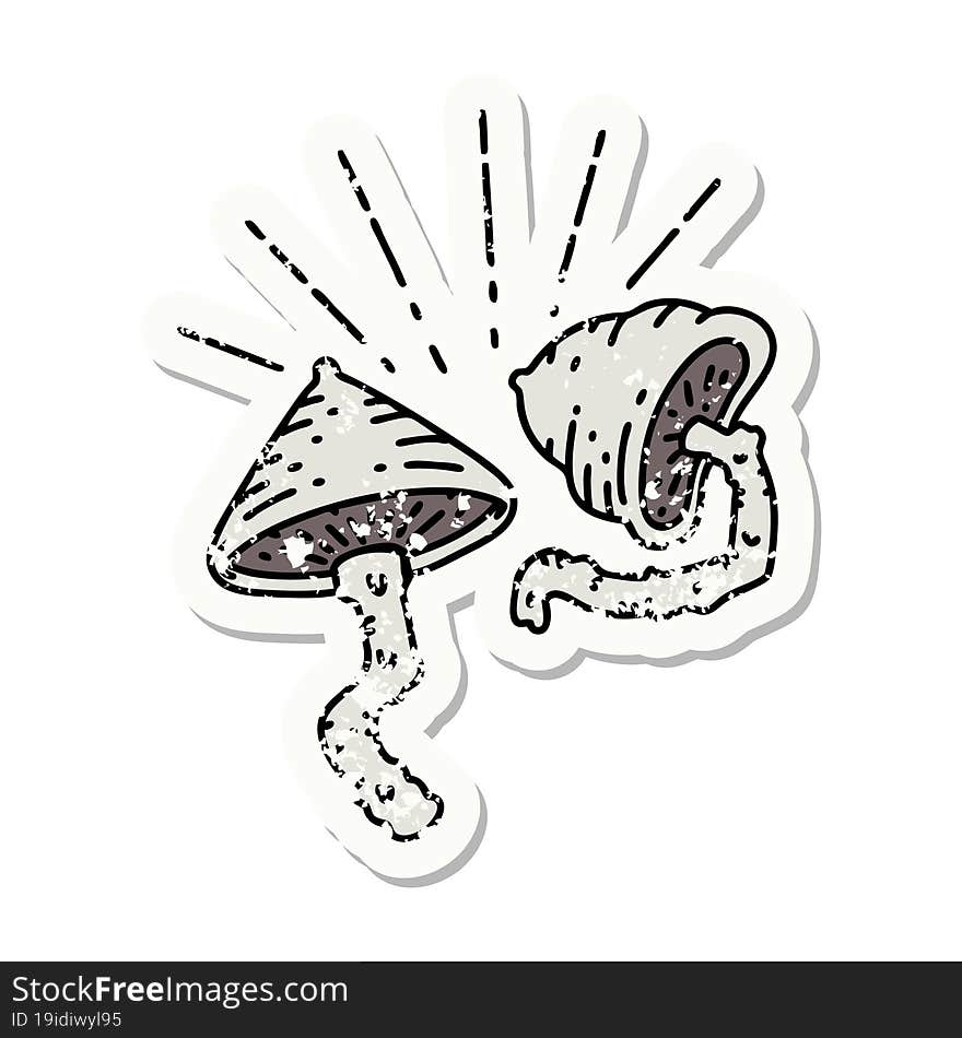 grunge sticker of tattoo style mushrooms