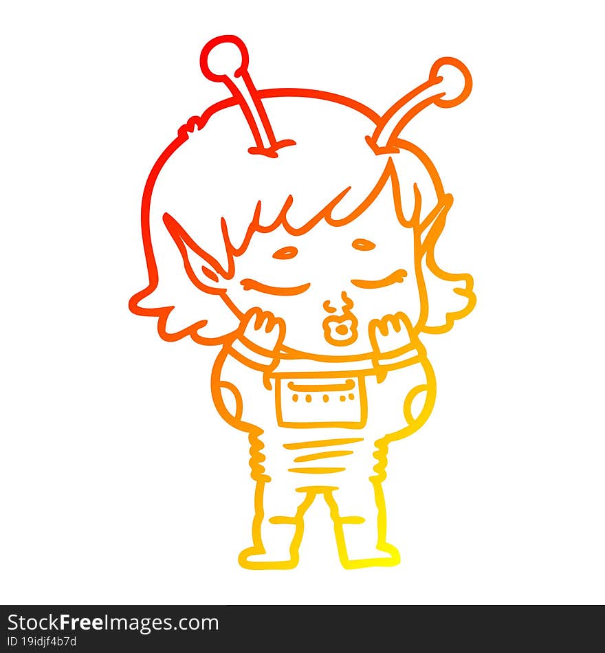 warm gradient line drawing of a cartoon alien girl