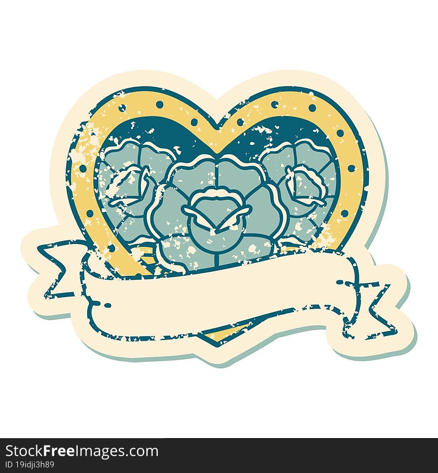 iconic distressed sticker tattoo style image of a heart and banner with flowers. iconic distressed sticker tattoo style image of a heart and banner with flowers