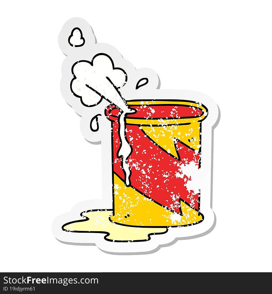 distressed sticker of a quirky hand drawn cartoon exploding oil can