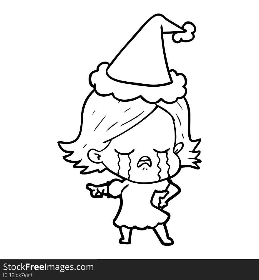 Line Drawing Of A Girl Crying And Pointing Wearing Santa Hat