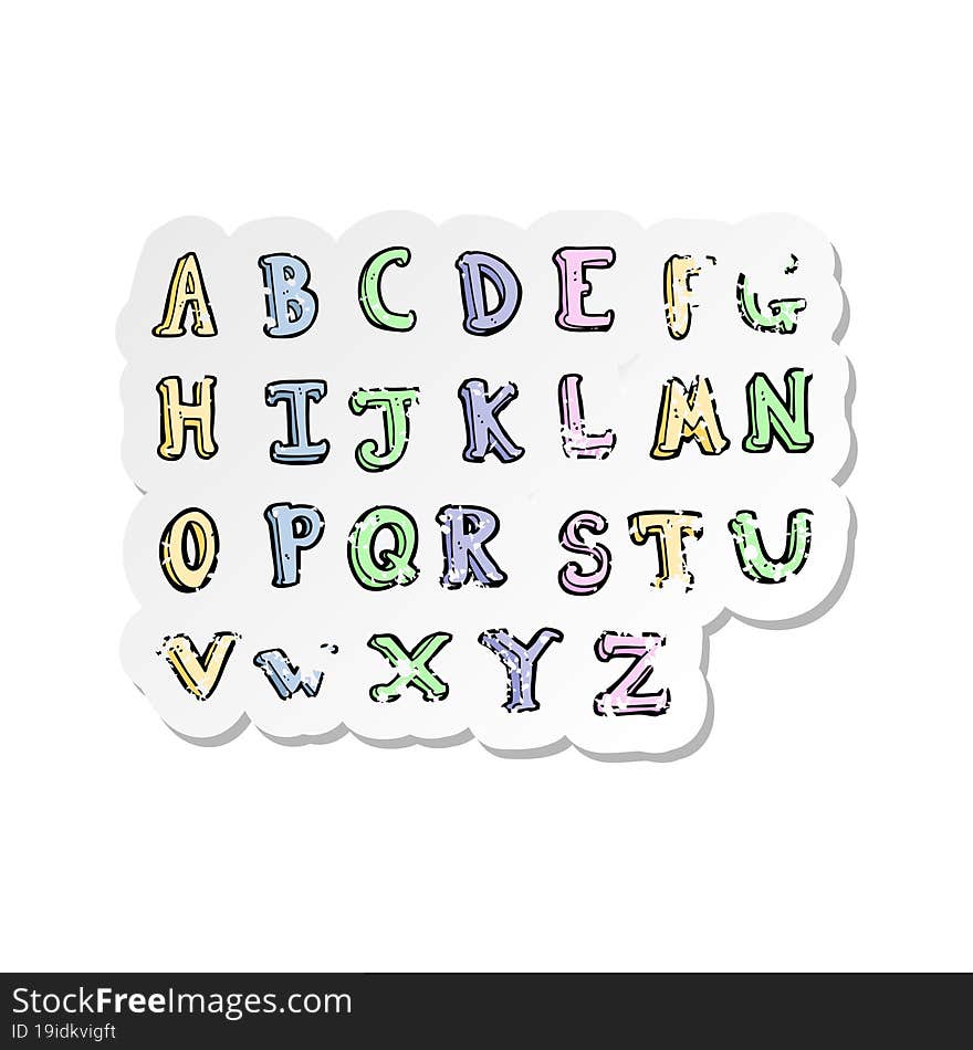 retro distressed sticker of a cartoon alphabet