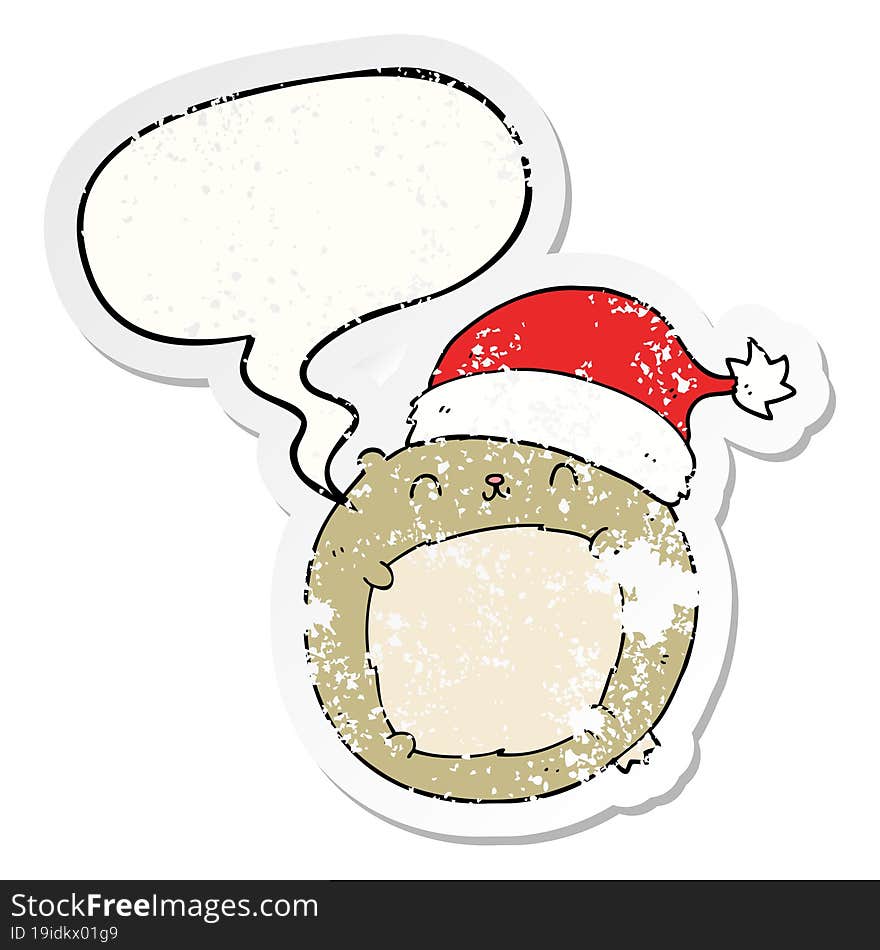 cute cartoon christmas bear with speech bubble distressed distressed old sticker. cute cartoon christmas bear with speech bubble distressed distressed old sticker