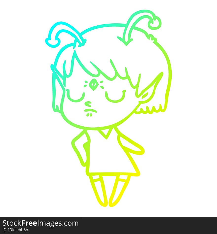 cold gradient line drawing of a cartoon alien girl