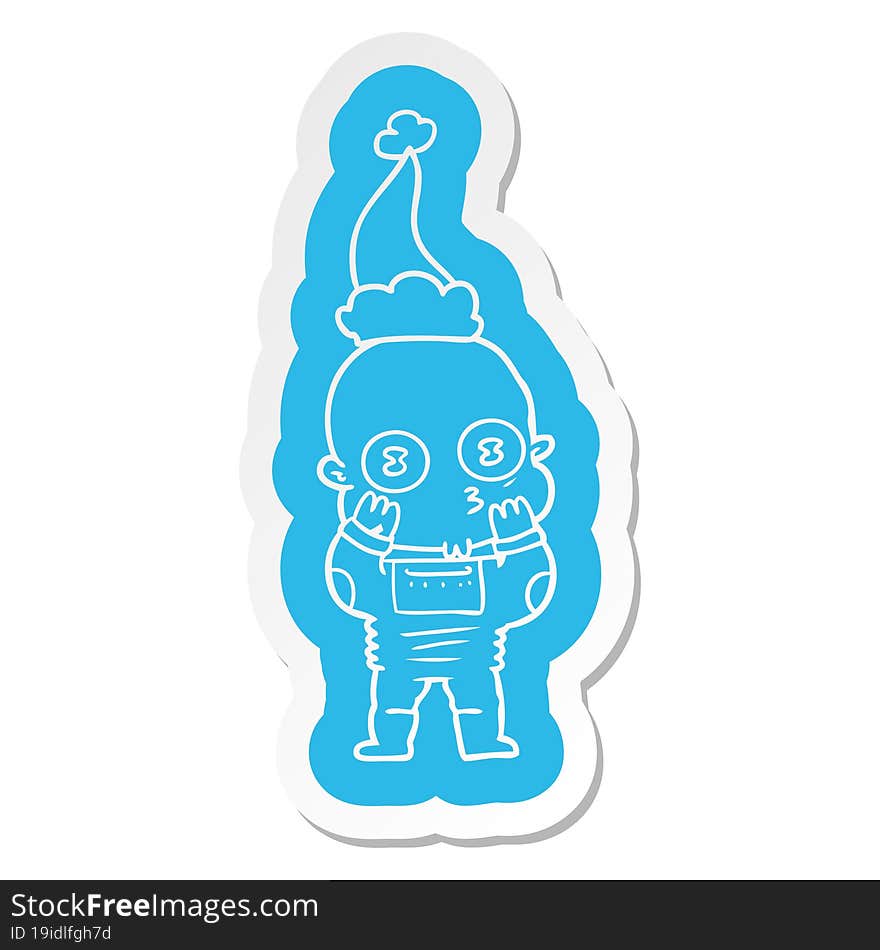 cartoon  sticker of a weird bald spaceman wearing santa hat