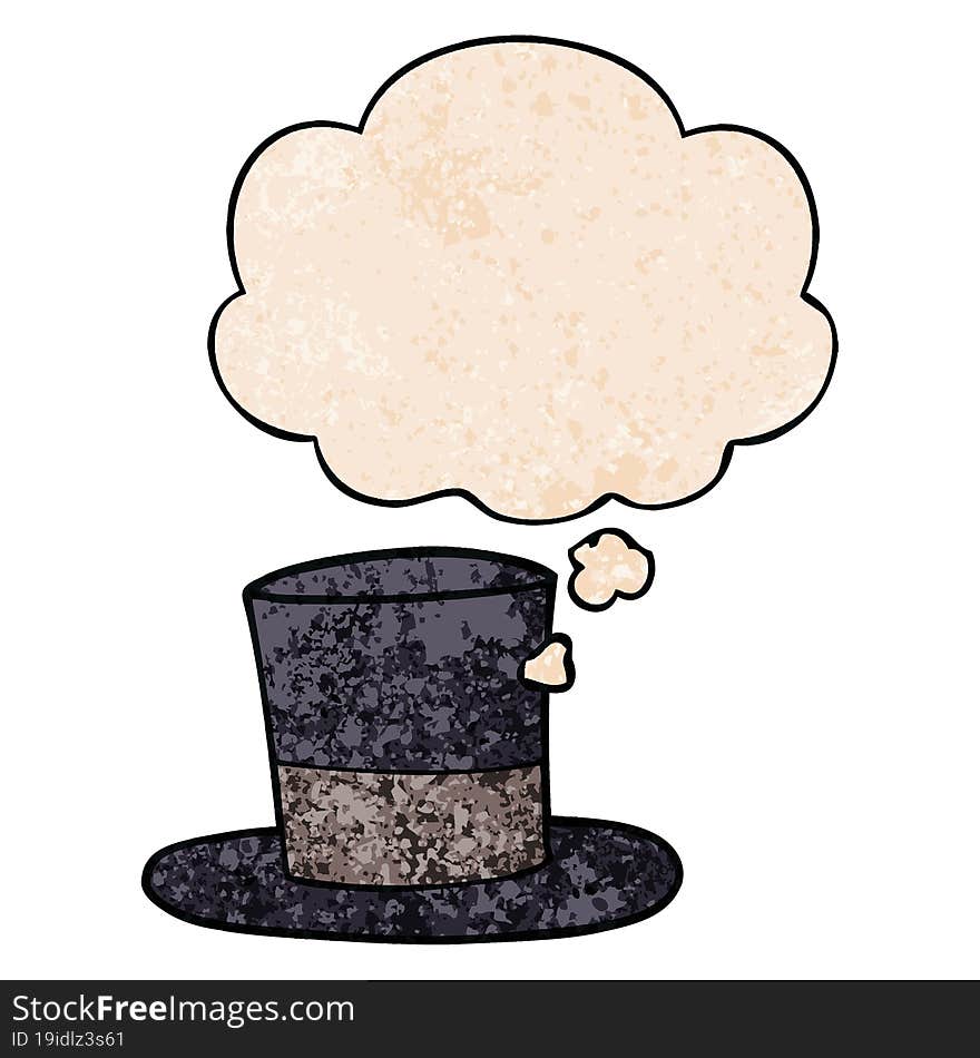 cartoon top hat and thought bubble in grunge texture pattern style