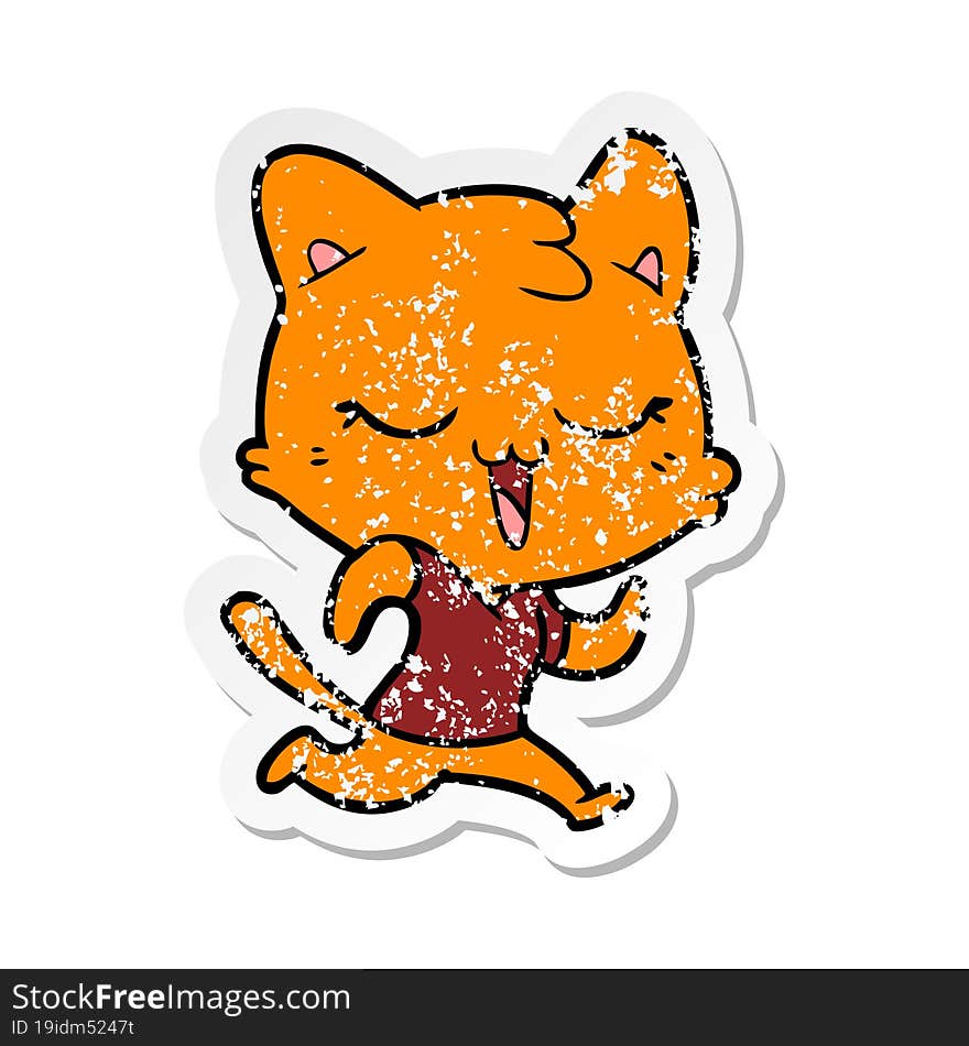 distressed sticker of a happy cartoon cat