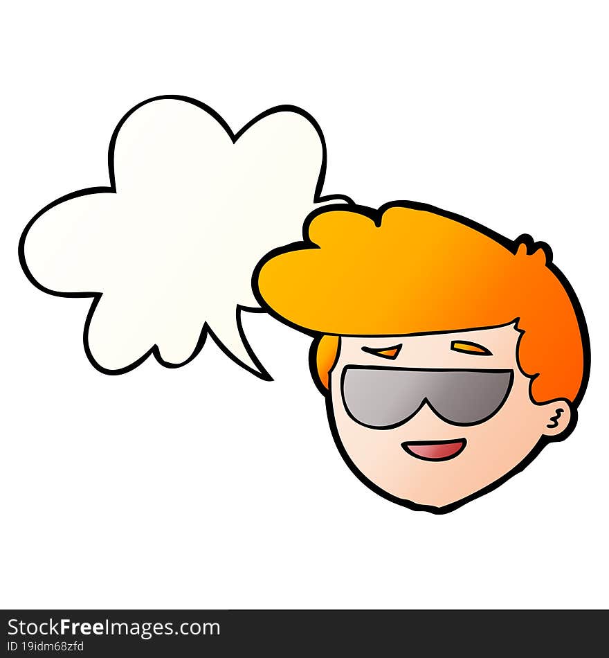 cartoon boy wearing sunglasses and speech bubble in smooth gradient style