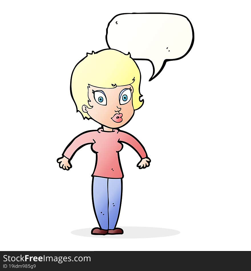 cartoon woman shrugging shoulders with speech bubble