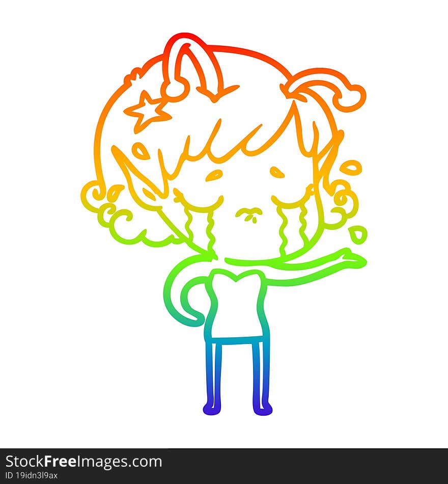 Rainbow Gradient Line Drawing Cartoon Crying Alien Girl