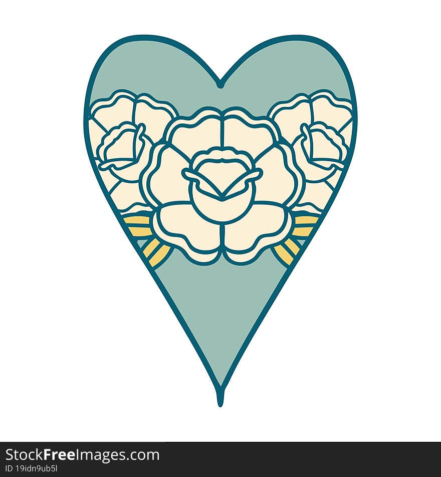 iconic tattoo style image of a heart and flowers. iconic tattoo style image of a heart and flowers