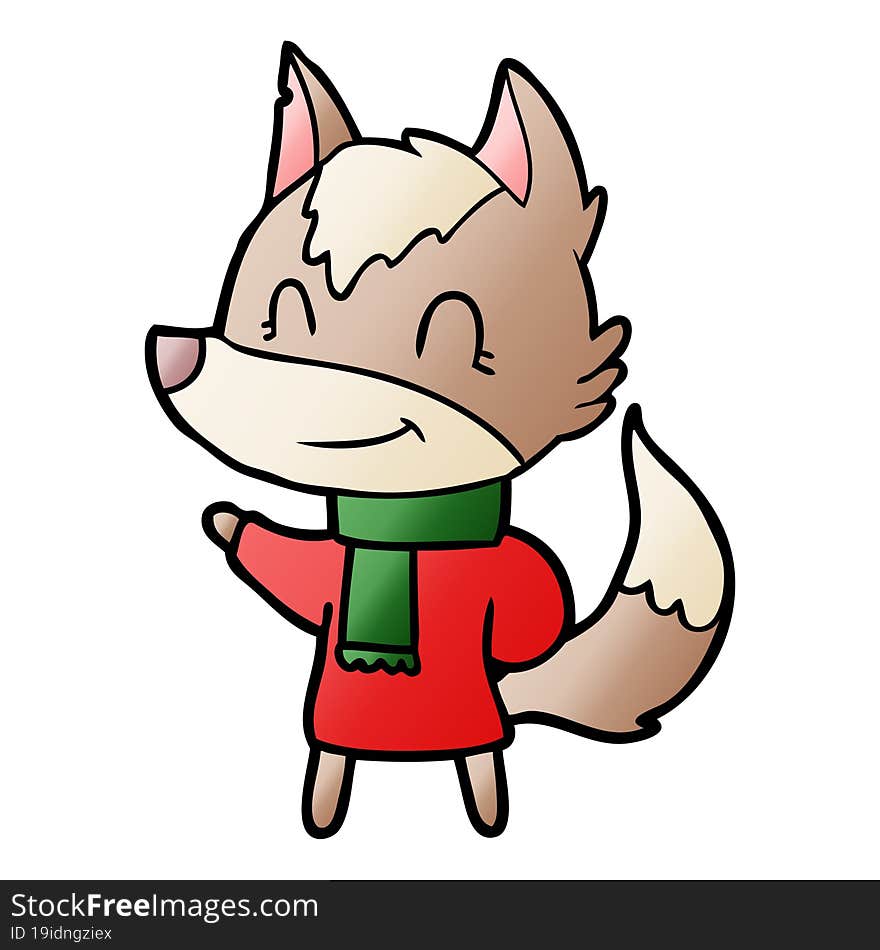 friendly cartoon wolf in winter clothes. friendly cartoon wolf in winter clothes