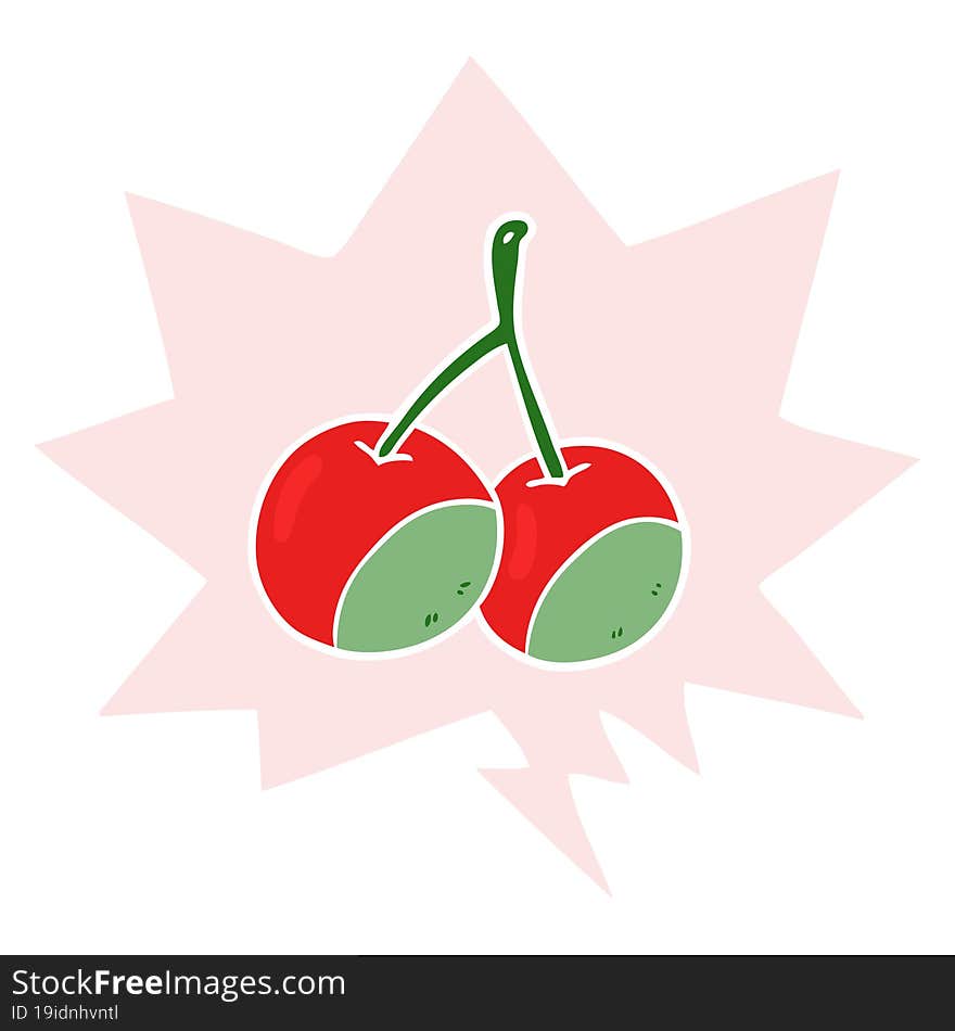 Cartoon Cherries And Speech Bubble In Retro Style