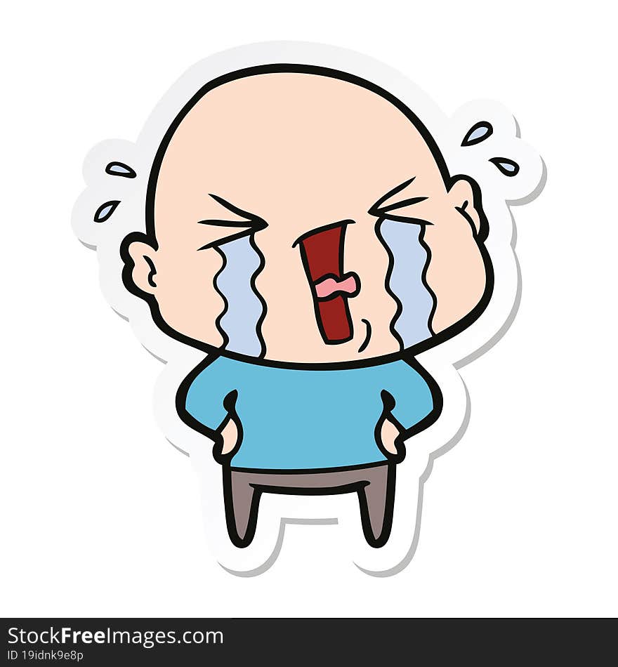 Sticker Of A Cartoon Crying Bald Man