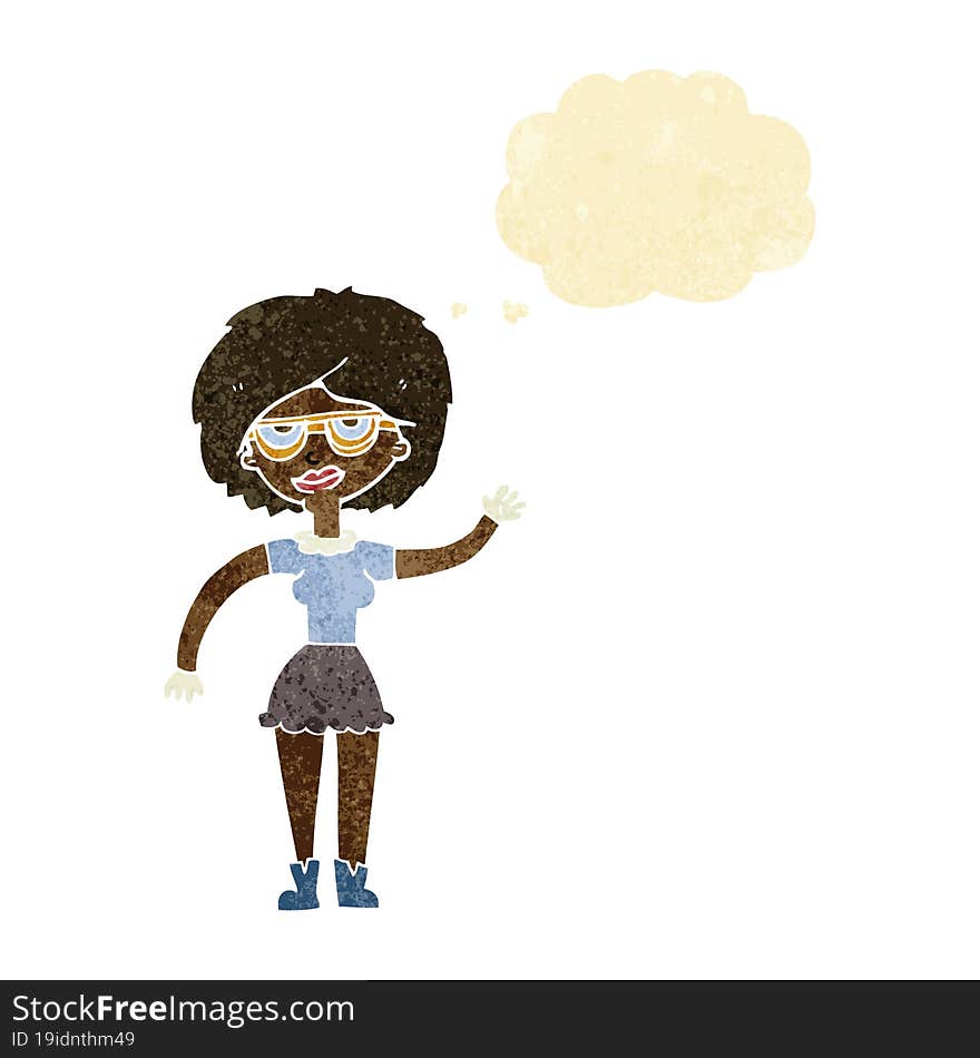 cartoon waving woman wearing spectacles with thought bubble