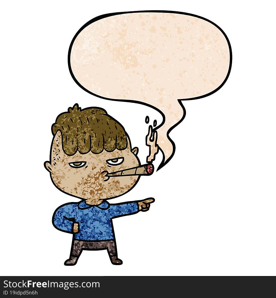 cartoon man smoking and speech bubble in retro texture style