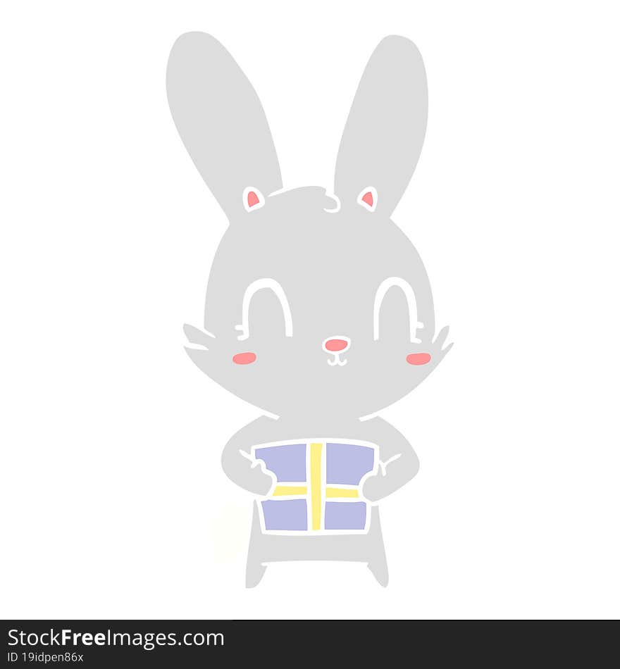 cute flat color style cartoon rabbit with present