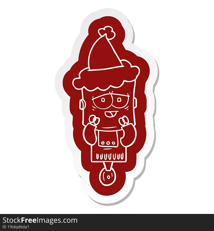 cartoon  sticker of a robot wearing santa hat