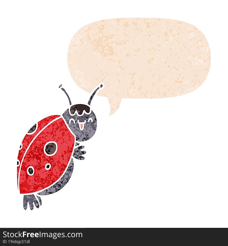 cute cartoon ladybug with speech bubble in grunge distressed retro textured style. cute cartoon ladybug with speech bubble in grunge distressed retro textured style