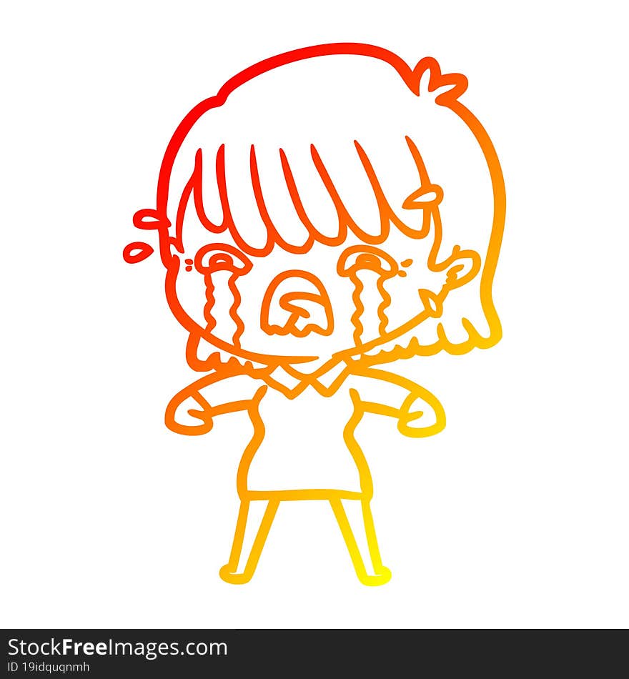 warm gradient line drawing of a cartoon girl crying