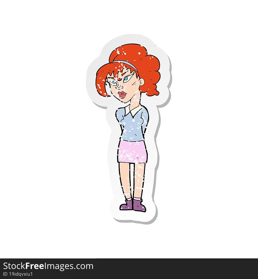 retro distressed sticker of a cartoon pretty girl tilting head