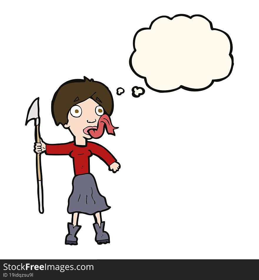 Cartoon Woman With Spear Sticking Out Tongue With Thought Bubble