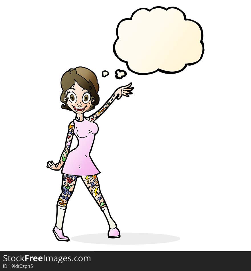 cartoon woman with tattoos with thought bubble