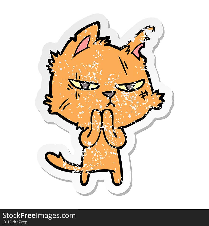 distressed sticker of a tough cartoon cat