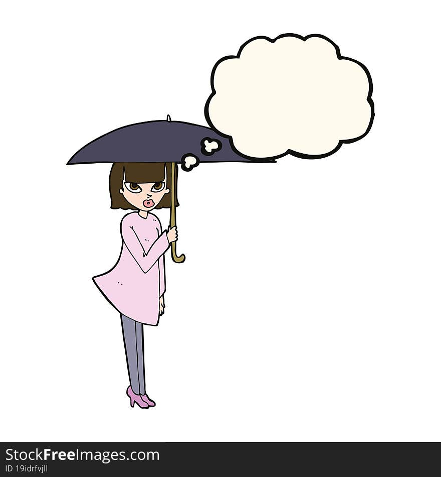 Cartoon Woman With Umbrella With Thought Bubble