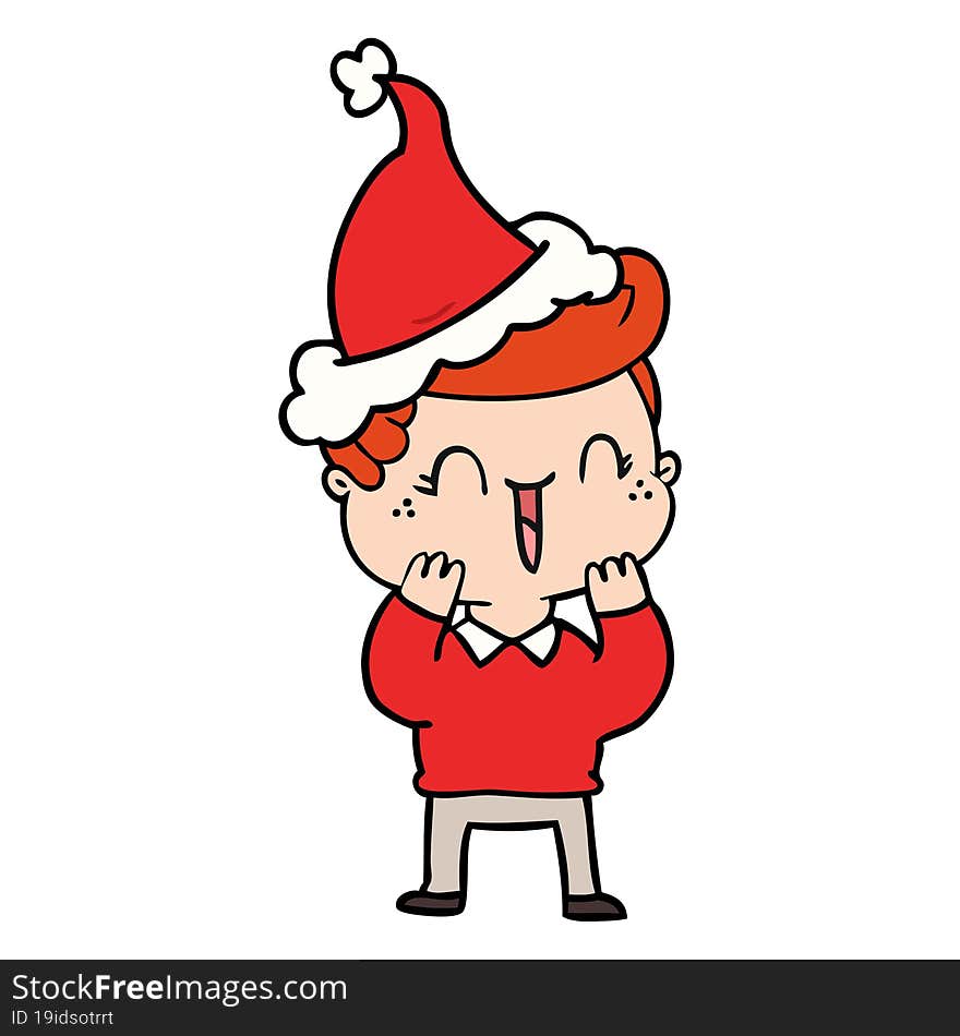 line drawing of a laughing boy wearing santa hat