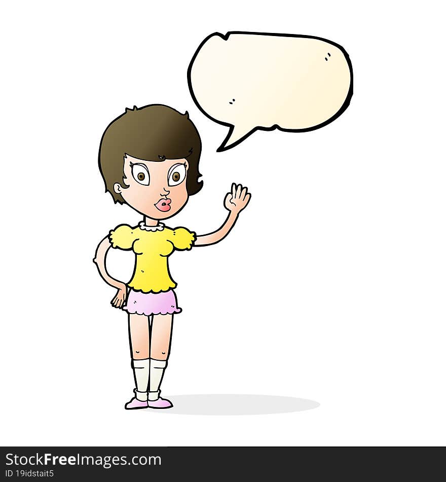 Cartoon Pretty Girl Waving With Speech Bubble