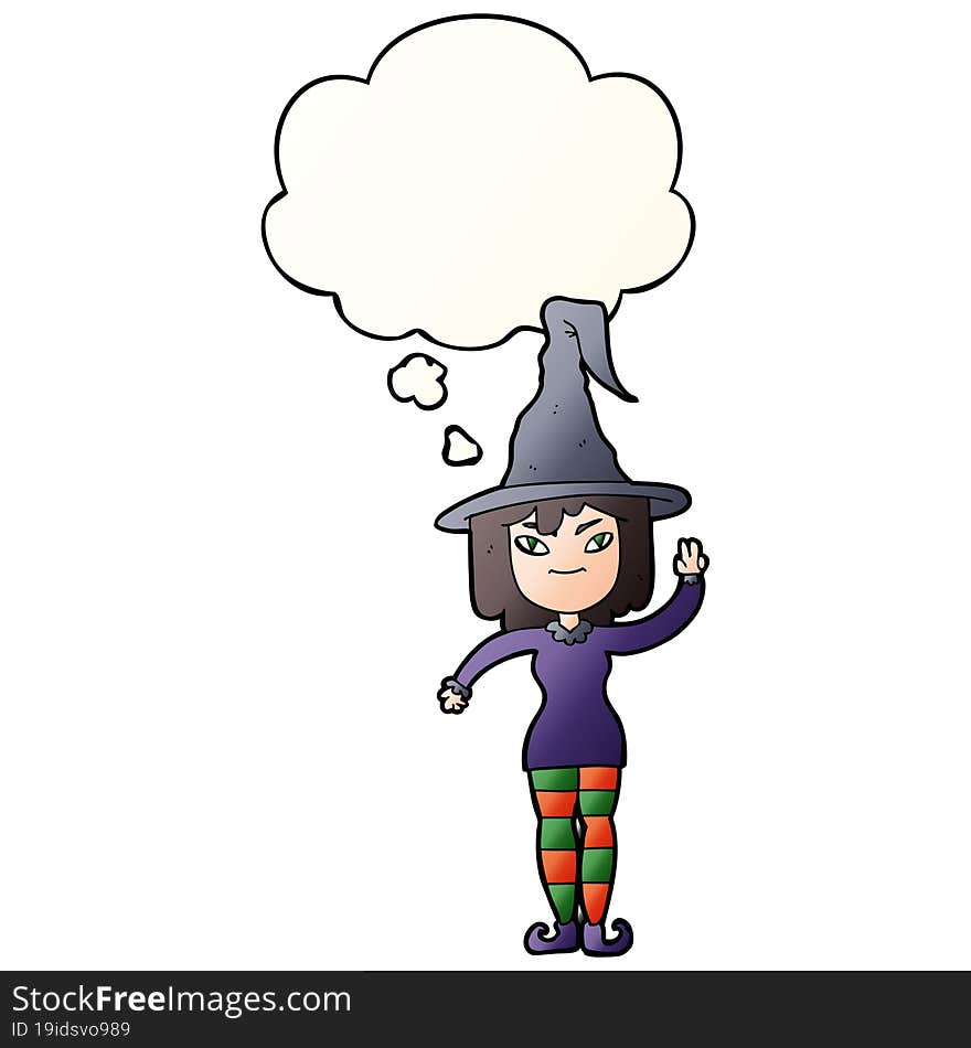 cartoon witch and thought bubble in smooth gradient style