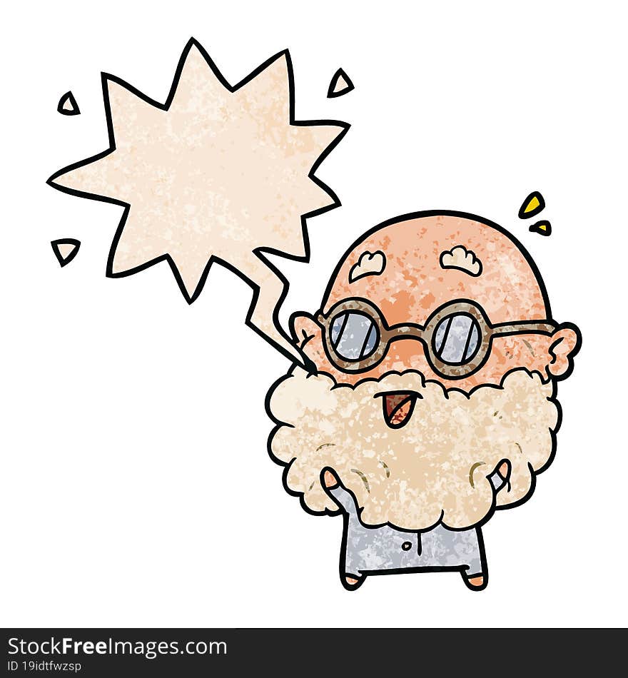 Cute Cartoon Surprised Old Man And Speech Bubble In Retro Texture Style