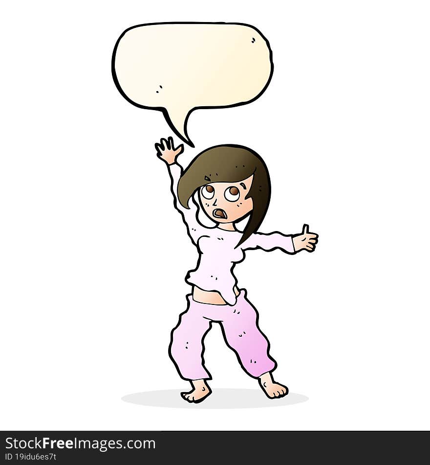 cartoon frightened woman with speech bubble