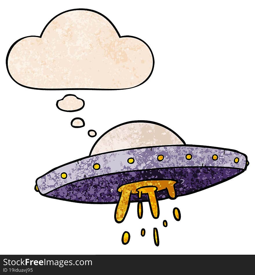 Cartoon Flying UFO And Thought Bubble In Grunge Texture Pattern Style