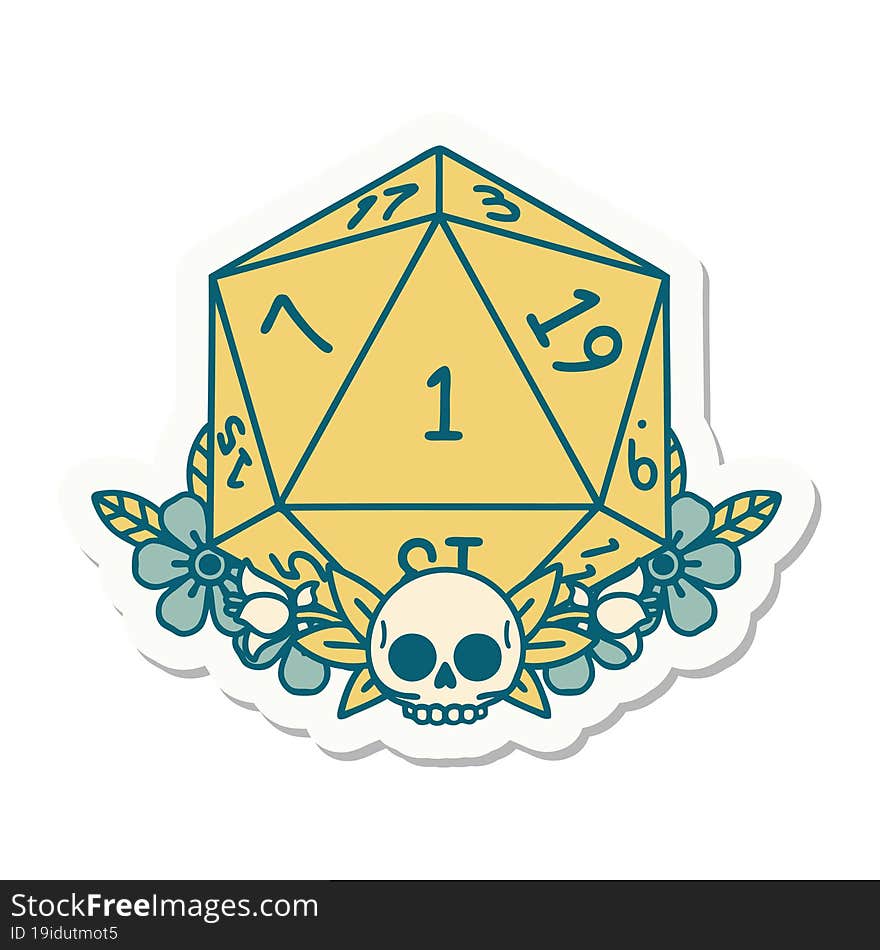 sticker of a natural one dice roll with floral elements. sticker of a natural one dice roll with floral elements