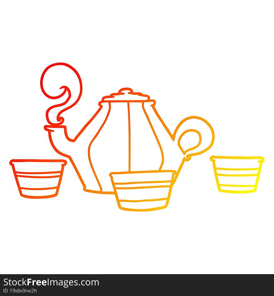 Warm Gradient Line Drawing Cartoon Teapot And Cups